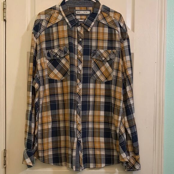 BKE Blue and Yellow Plaid Pearl Snap Athletic Fit Long Sleeve Shirt Size 3XL - Picture 1 of 4